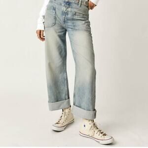 Free People Palmer Cuff Jeans We The Free Size 32 Blue Denim Button Fly